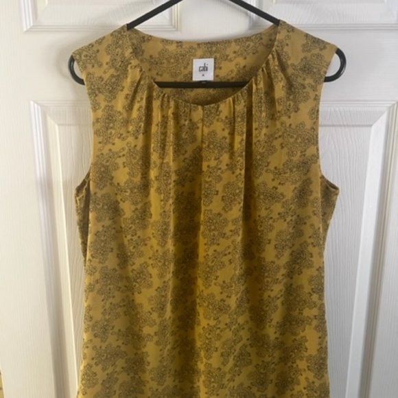 CAbi #3617 Mustard Yellow/Black Paisley Sleeveless Blouse - Picture 2 of 6